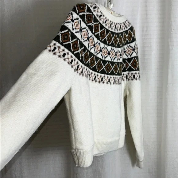 GROVE & HOLLOW Fair Isle Ivory Green Tan Navy Orange Crew Wool Blend Sweater